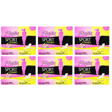 Playtex Sport Combo: 10 Unscented Regular Tampons, 8 Unscented Super Tampons and 14 Ultra Thin Pads (Pack of 6) + Yes to Coconuts Moisturizing Single Use