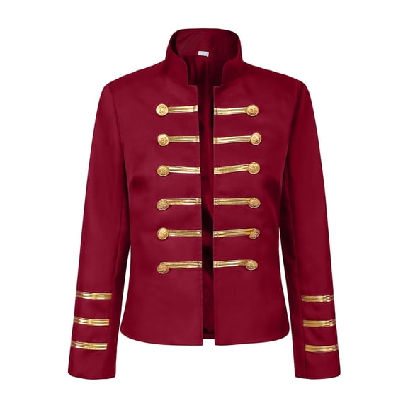 Sexlip Women Stand Collar Military Style Blazer Jacket Double Row Gold Stripe Button Decor Cropped Long Sleeve Costume Outer Coat For Party Stage Red M