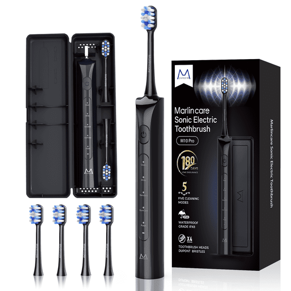 Marlincare Sonic Electric Toothbrush for Adults,Rechargeable Powered Toothbrush,180-Day Battery, 12x Plaque Removal,IPX8 Waterproof, Black