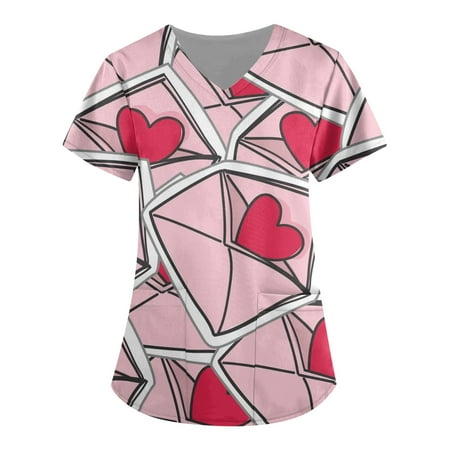 

Cakiesky Women s Scrub Tops with Designs Quick Dry V Neck Short Sleeve Nursing Work Tops with Pockets Pink L