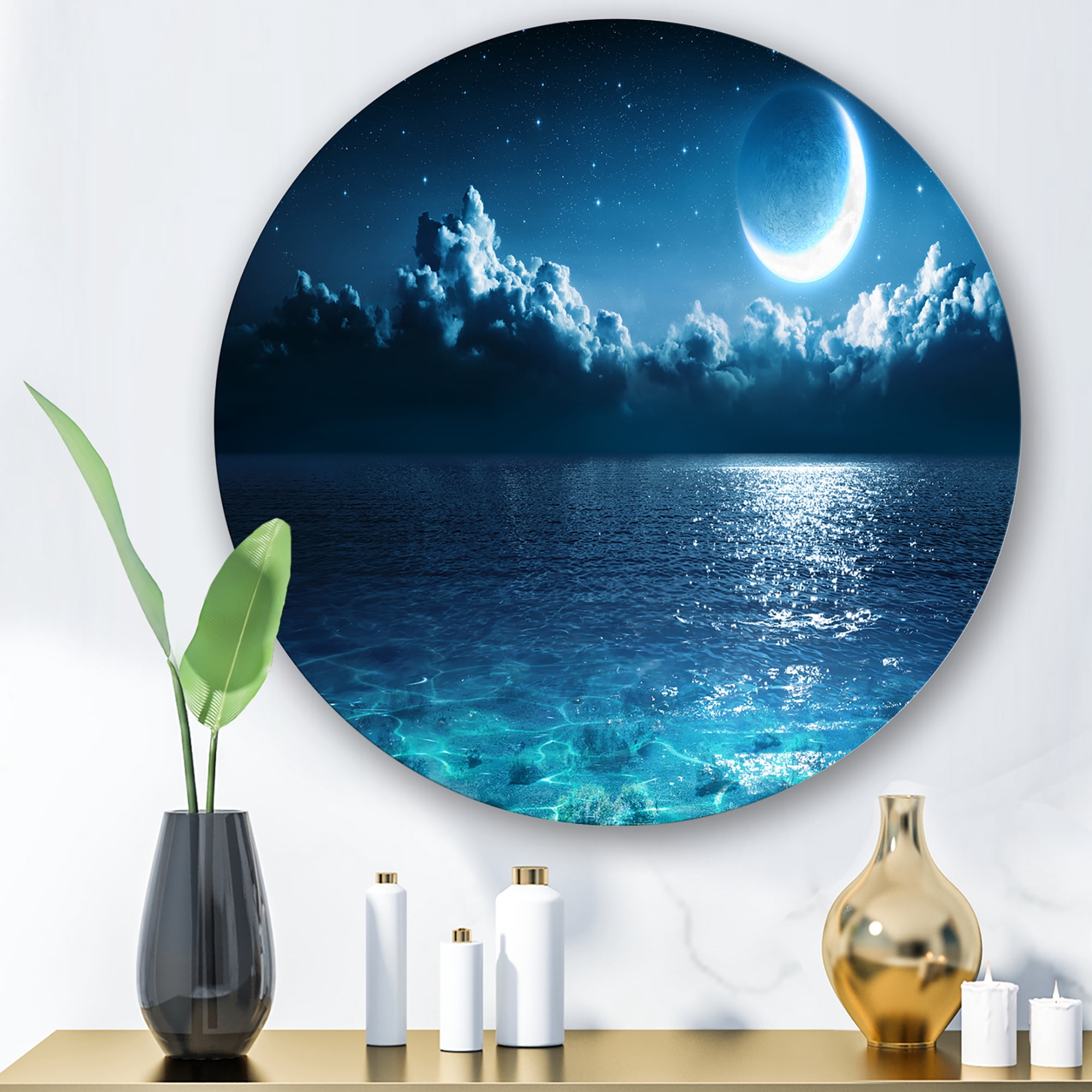 Designart 'Romantic Moon and Clouds Over Deep Blue Sea I' Nautical & Coastal Circle Metal Wall Art 11x11 - Disc of 11