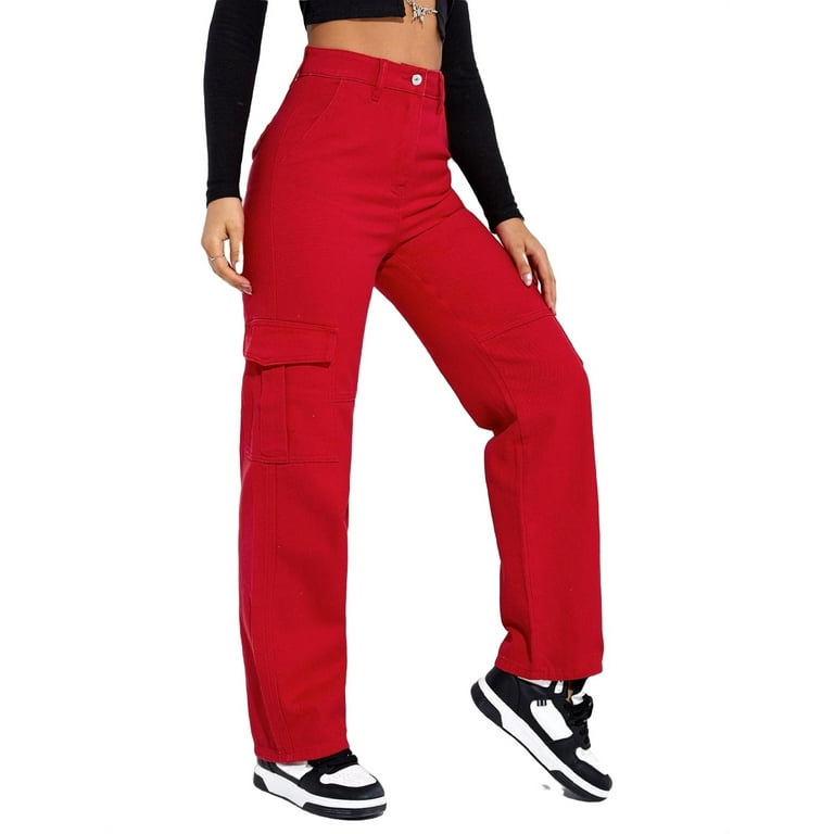 Plain Straight Leg Red Women's Jeans (Women's)