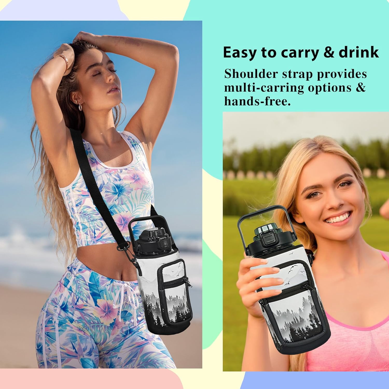 64 oz Water Bottle with Straw Sleeve & Strap Motivational BPA Free Half Gallon Water Jug with Handle for Gym Women Men Aesthetic Water Bottle with Strap Bird