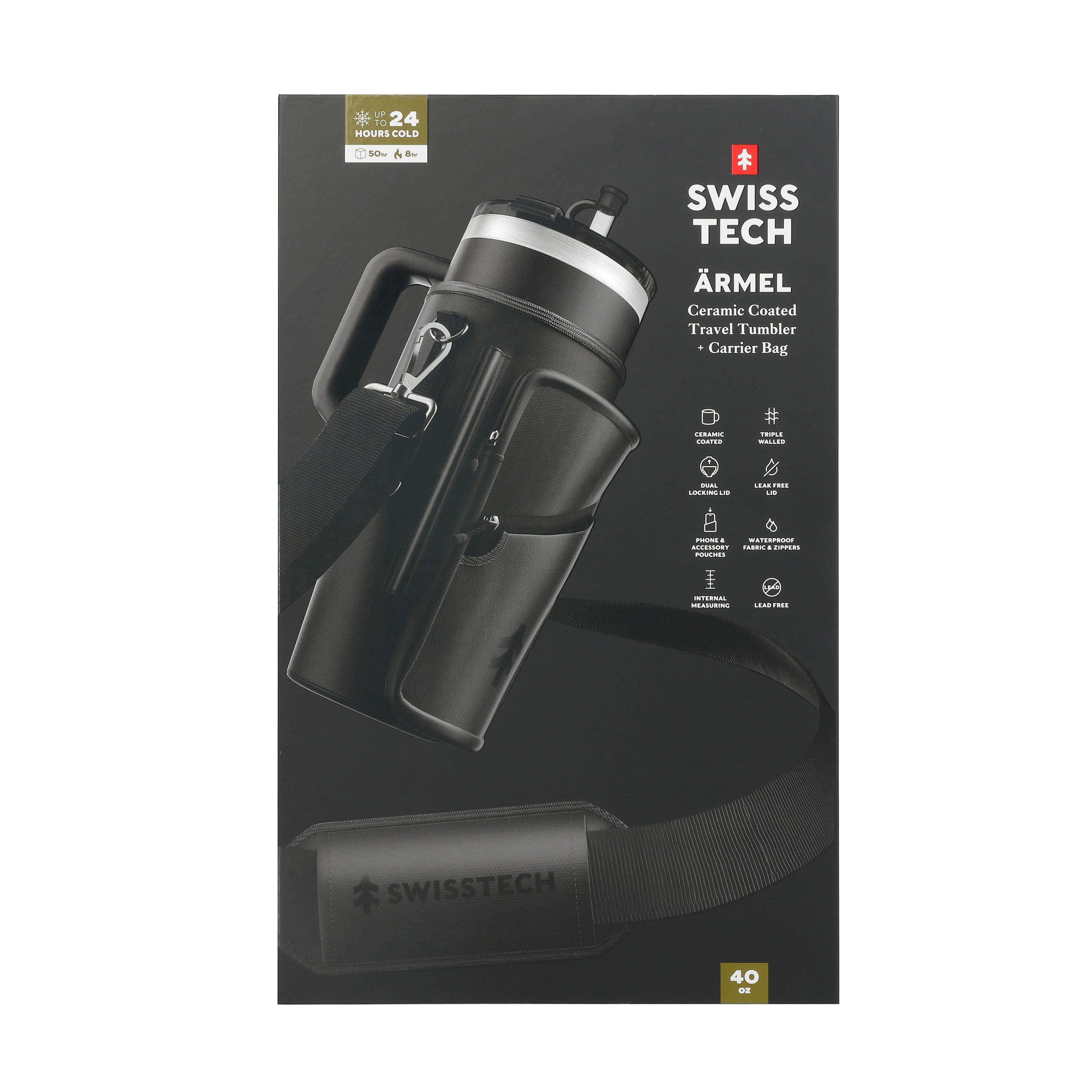 Swiss Tech Insulated Triple Walled Ceramic Coated, 40 oz Black Travel Tumbler, Black Carrier Bag