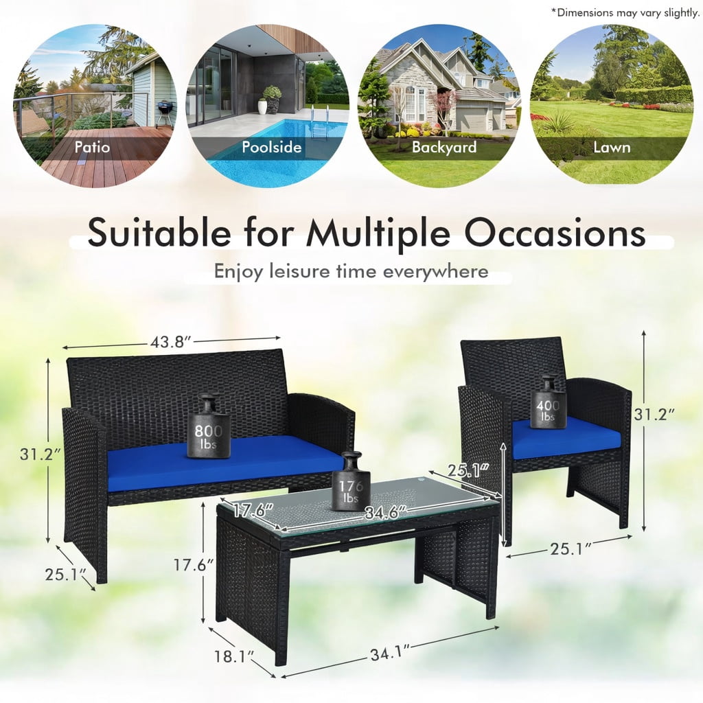 Hommoo 4-Piece PE Rattan Patio Furniture Set with Weatherproof Cushions, Tempered Glass Coffee Table & Heavy-Duty Steel Frame, Navy
