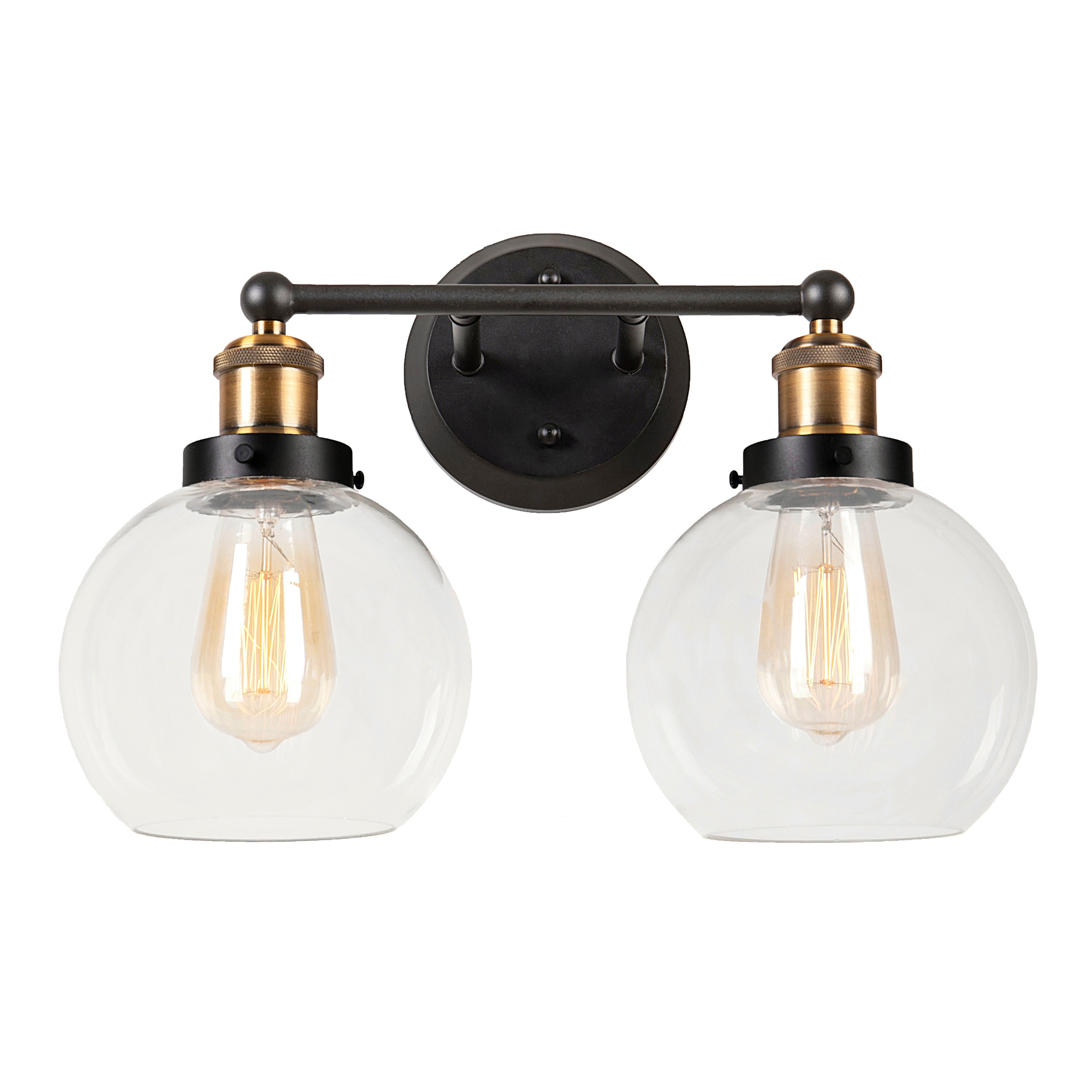 Aspen Creative 62267, Bathroom Vanity 2 Lights Fixture, 15-1/2" W x 11-3/4" H x 7-1/4" D, Antique Bronze/Warm Brass-2 Tone Finish/Clear Glass, Bulb Not Included