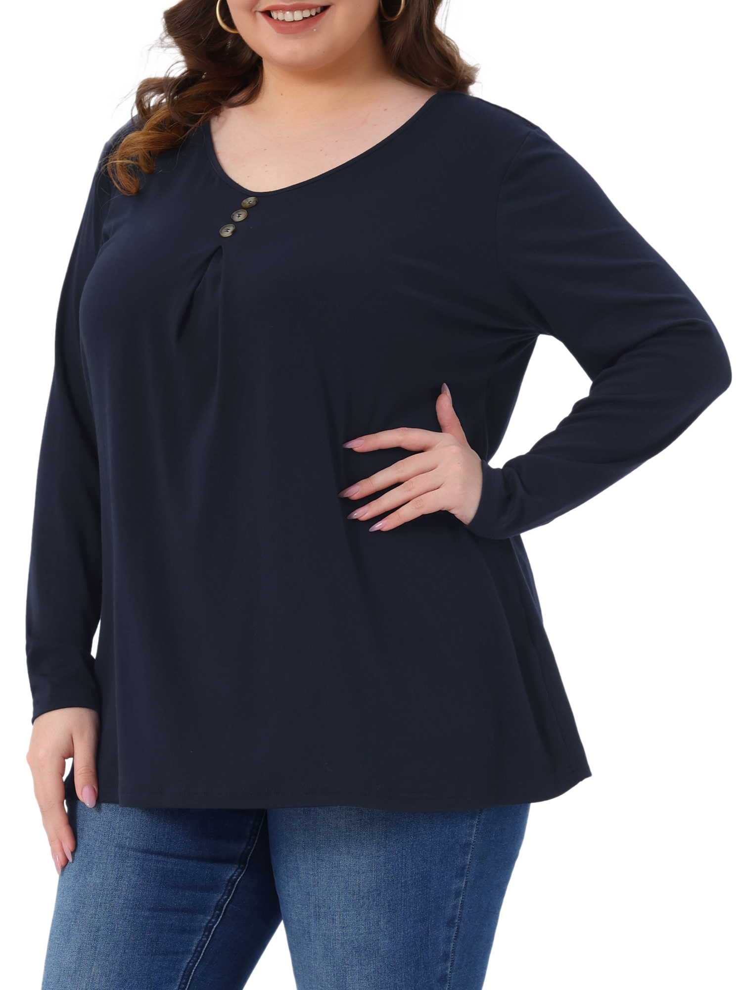 DARING DIVA Women's Plus Long Sleeve V Neck Button Loose Top 4X Dark Blue