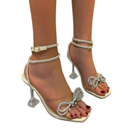 

Shakub Womens Rhinestone Bow Rainbow Stiletto Shoes Ankle Strap High Heel Party Prom Sandals