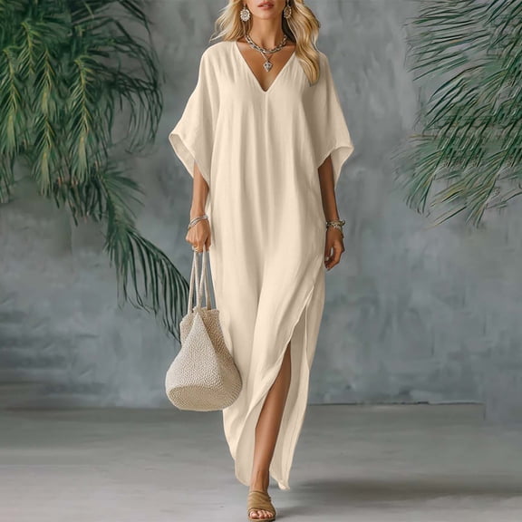 Guieoi Summer Dresses for Women under $10 Plus Size Linen-Cotton Loose-Fit Short-Sleeve Long Dress Beige XXL