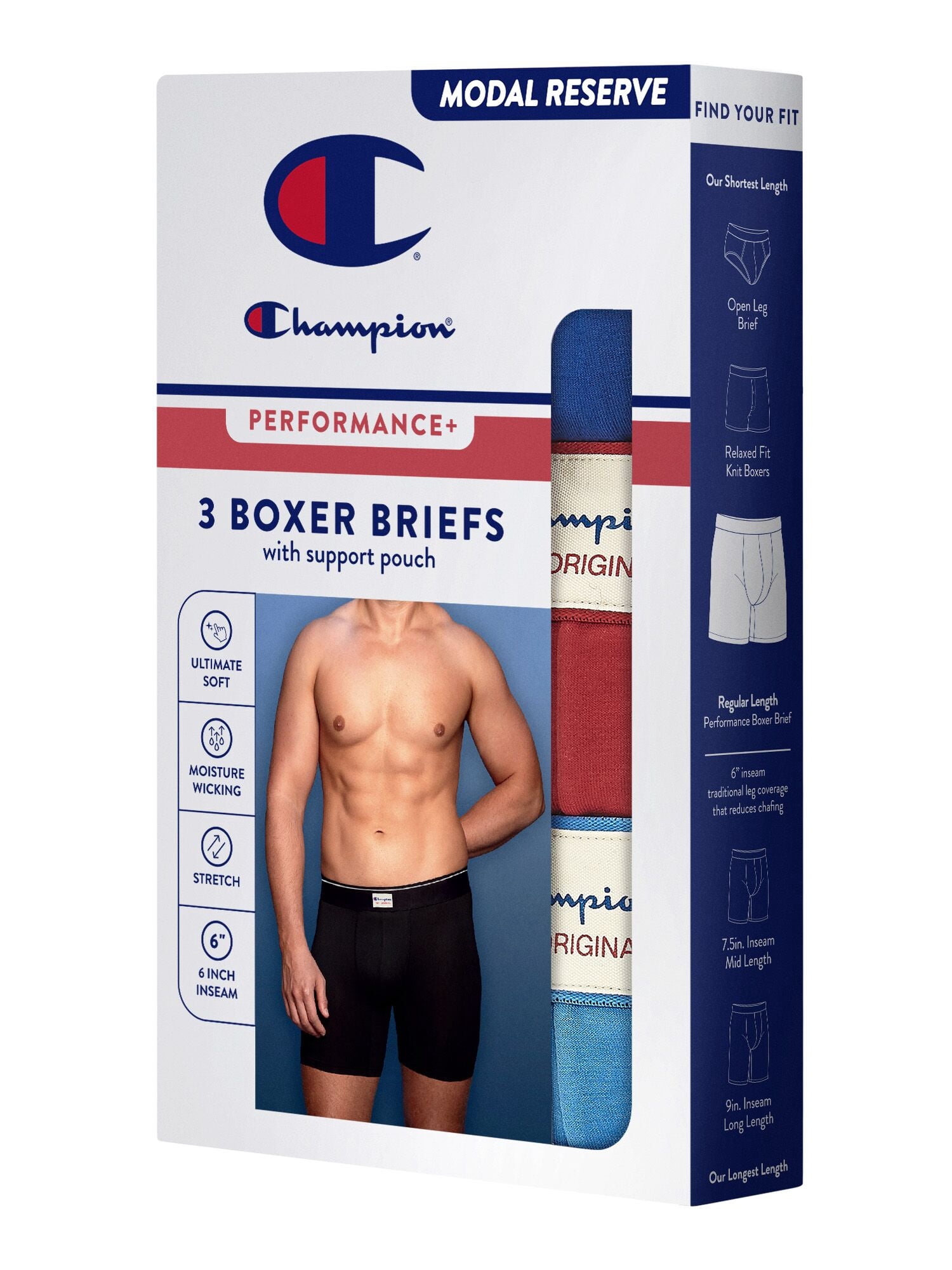 Champion Men’s Boxer Briefs – 3 Pack Performance+ Modal Underwear, Moisture-Wicking, Vintage Label, Sizes S–2XL
