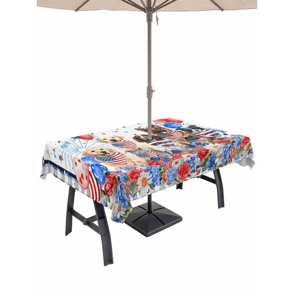Outdoor Tablecloth with Umbrella Hole for Patio/Picnic/Party/Camping, Independence Day Waterproof Table Cloth Rectangle Table Cover Washable, Red Blue Floral Dogs 4th of July Plaid (60"x 84")