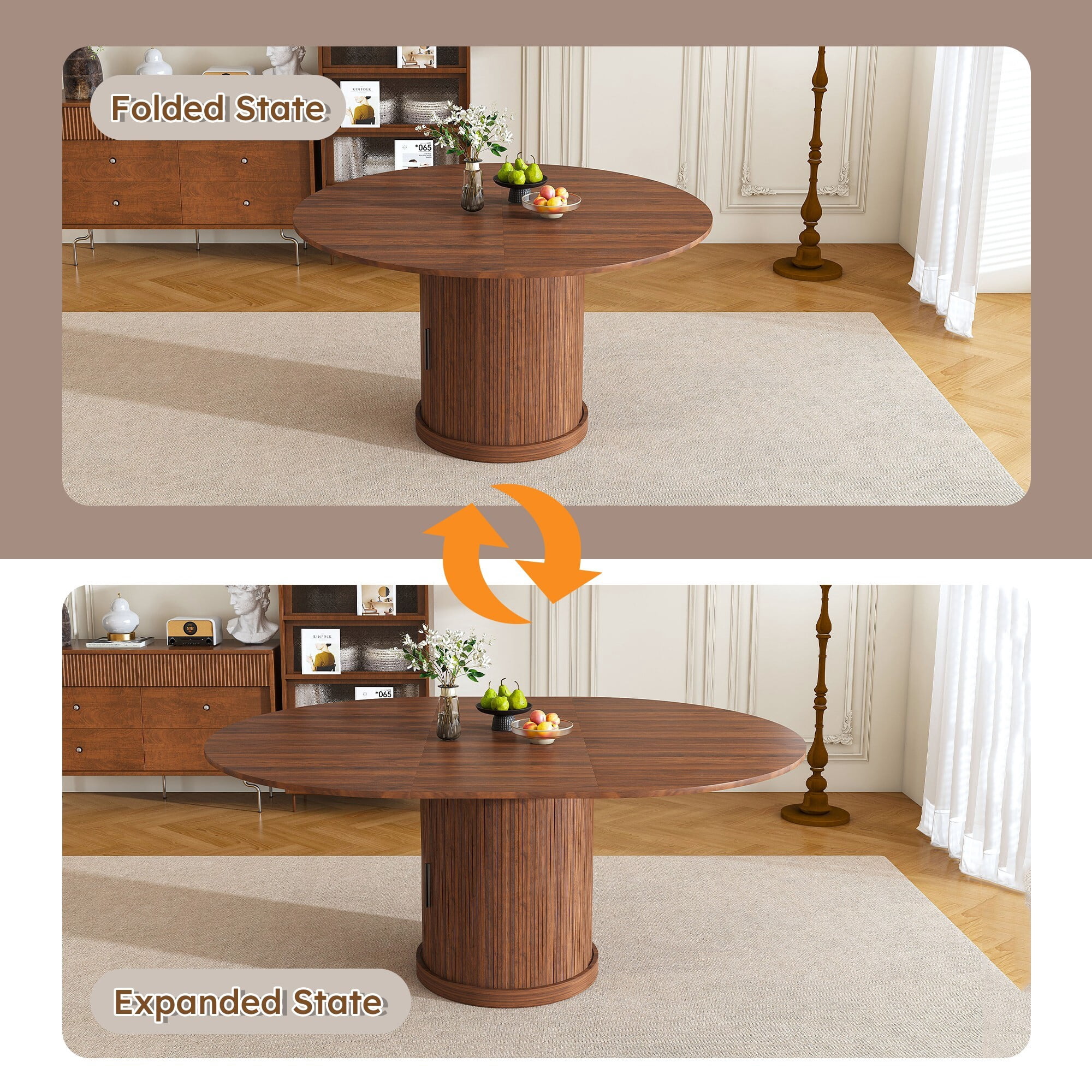AENKYO 47-59" Extendable Oval Dining Table, Modern Kitchen Table with Storage Pedestal & Drawer, Walnut