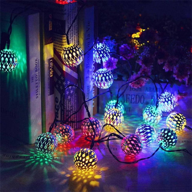 Pompotops Christmas LED Light Moroccan Hollow Metal Ball LED String Lights Battery Powered For Wedding Holiday Home Party Decoration Clearance