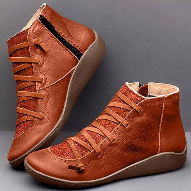 DPTALR Bottes Plates Décontractées en Cuir Rétro à Lacets pour Femmes Fermeture Éclair Latérale Bout Rond