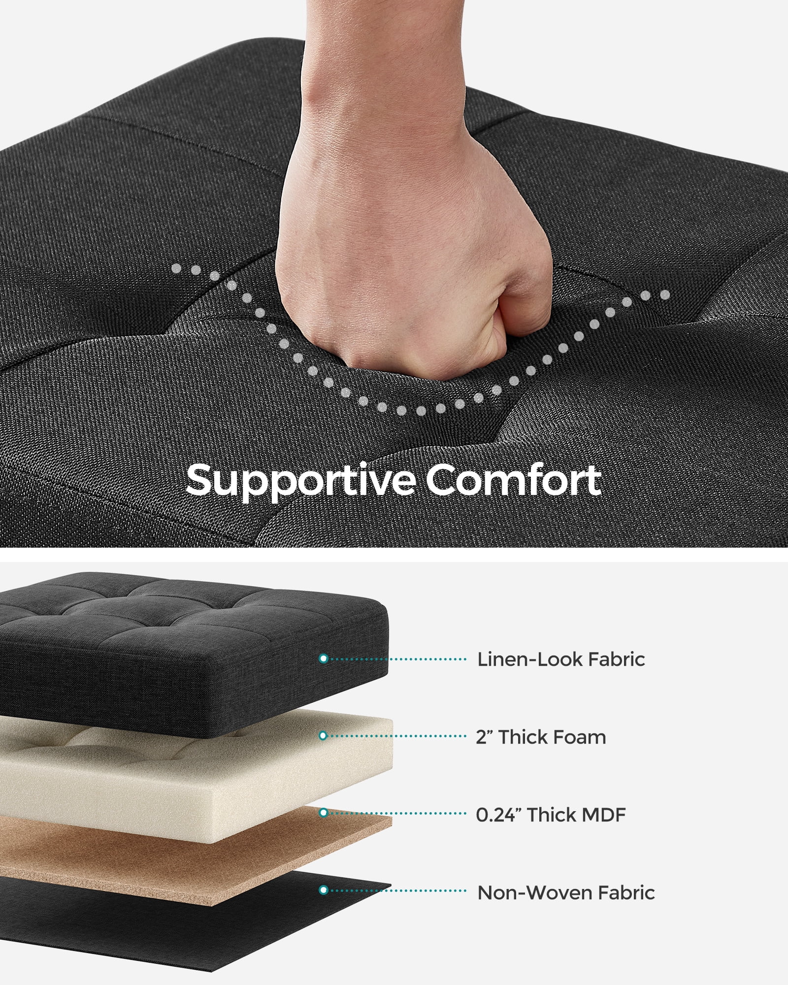 Small Storage Ottoman with Legs - 15" Cube Foot Rest, 660 lb Capacity, Linen-Look Fabric, for Living Room/Bedroom, Ink Black