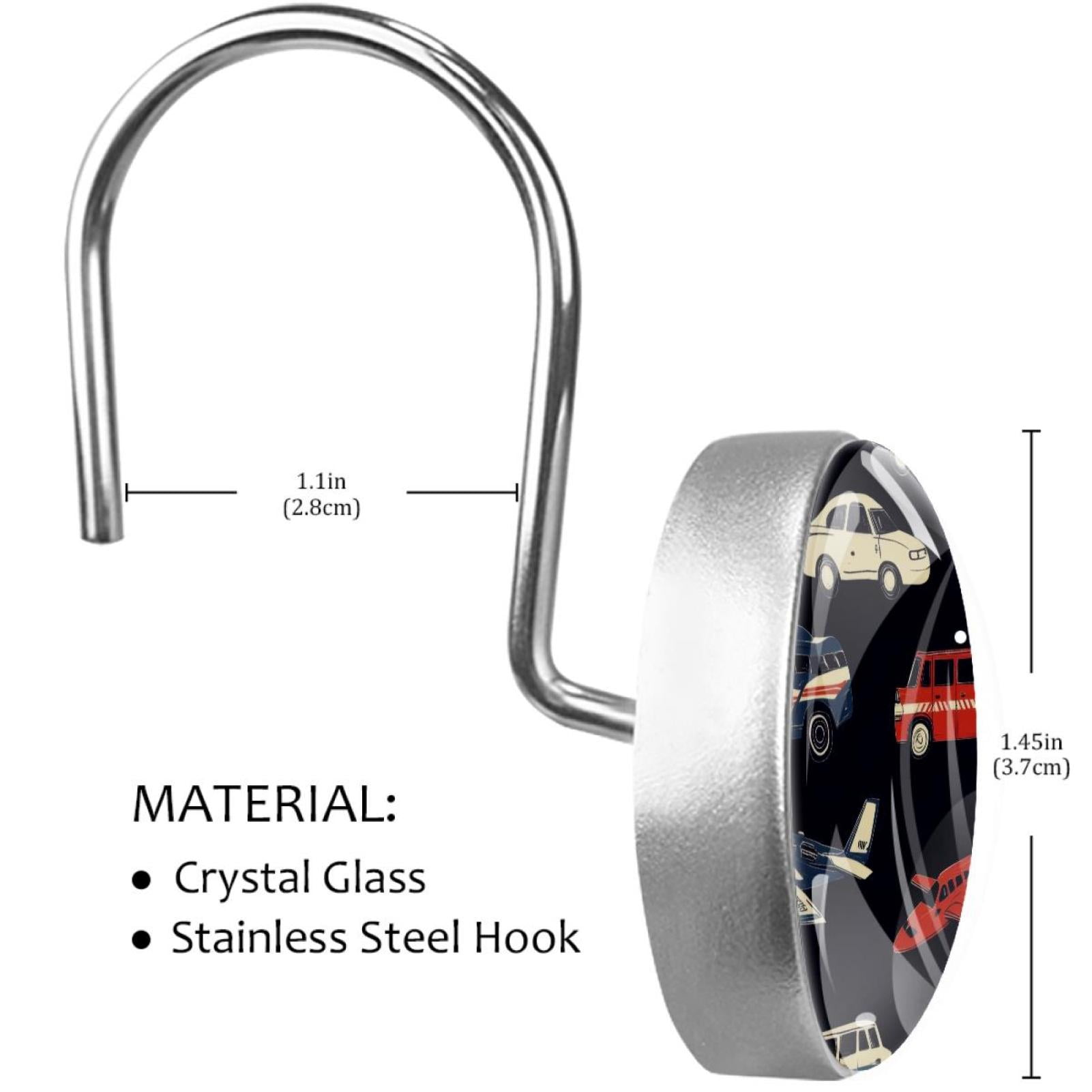 Taxi Car and Airplane Shower Curtain Hooks Round Crystal Glass, Set of 12 Shower Curtain Rings - Shower Hooks for Curtain Shower Rings
