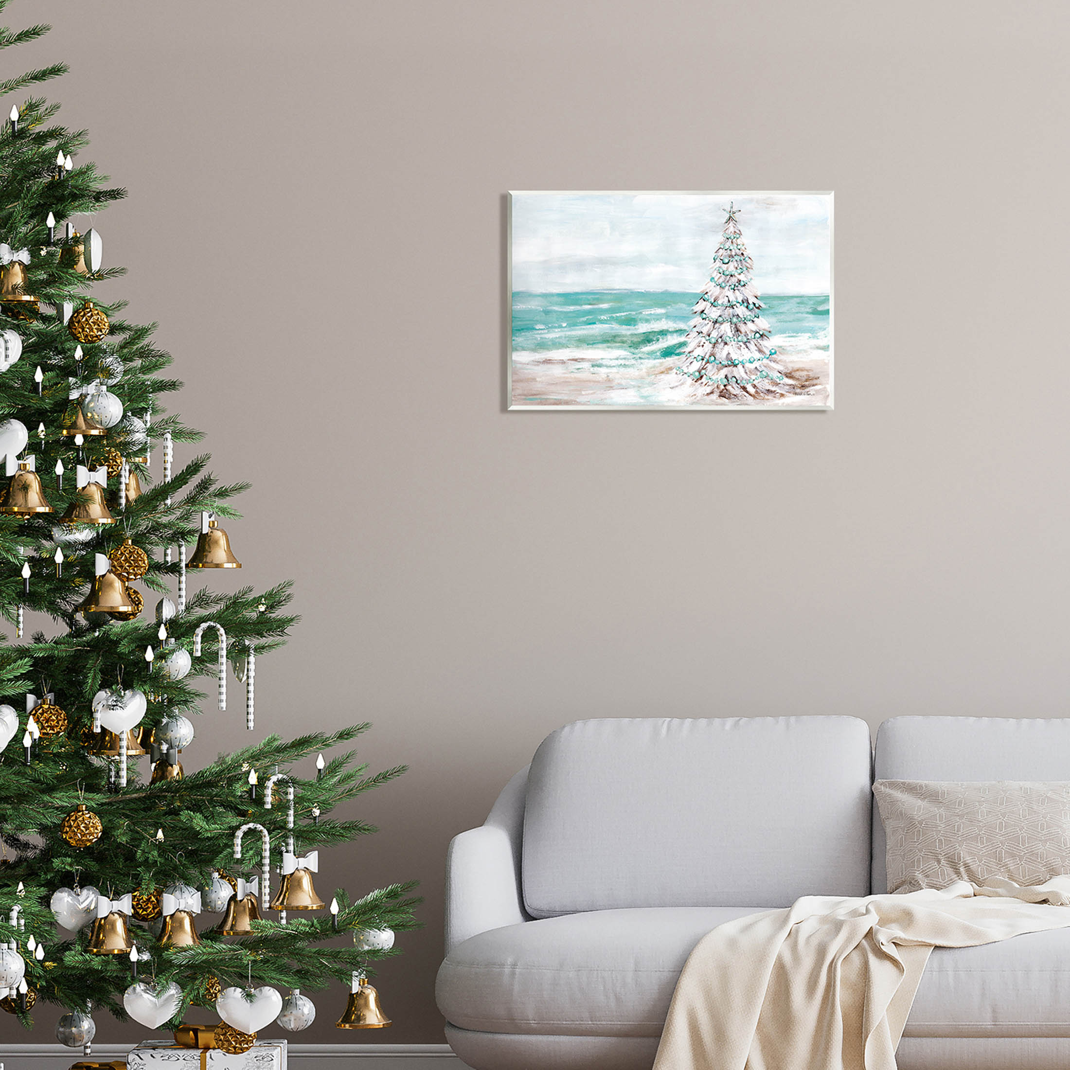 Snowy Christmas Tree Beach Shore Holiday Painting Unframed Art Print Wall Art