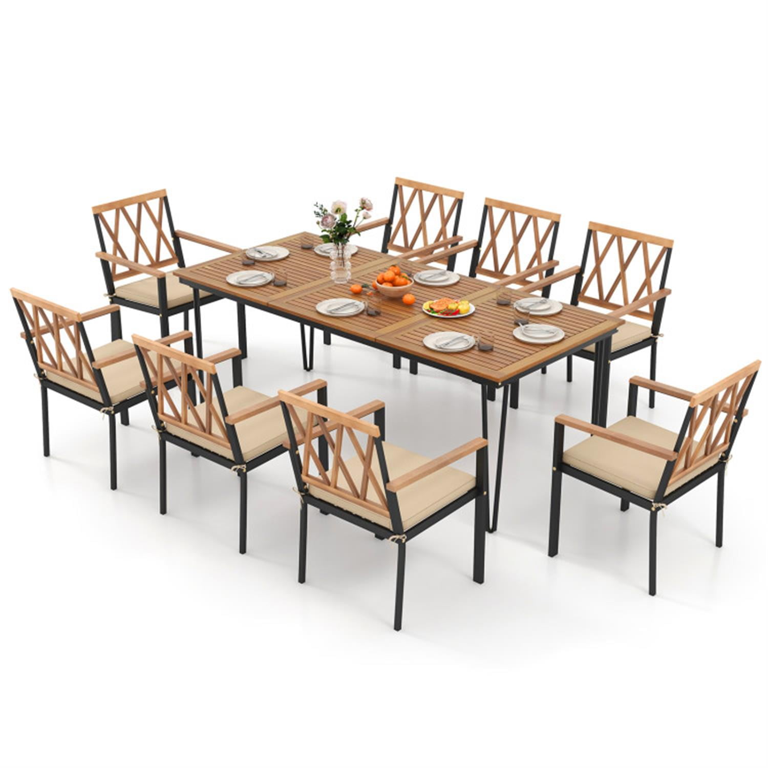 Demi Bonn 9-Piece Patio Dining Furniture Set, 35.5" Acacia Wood Table with Umbrella Hole and 22.5" Wide Chairs, Beige-A