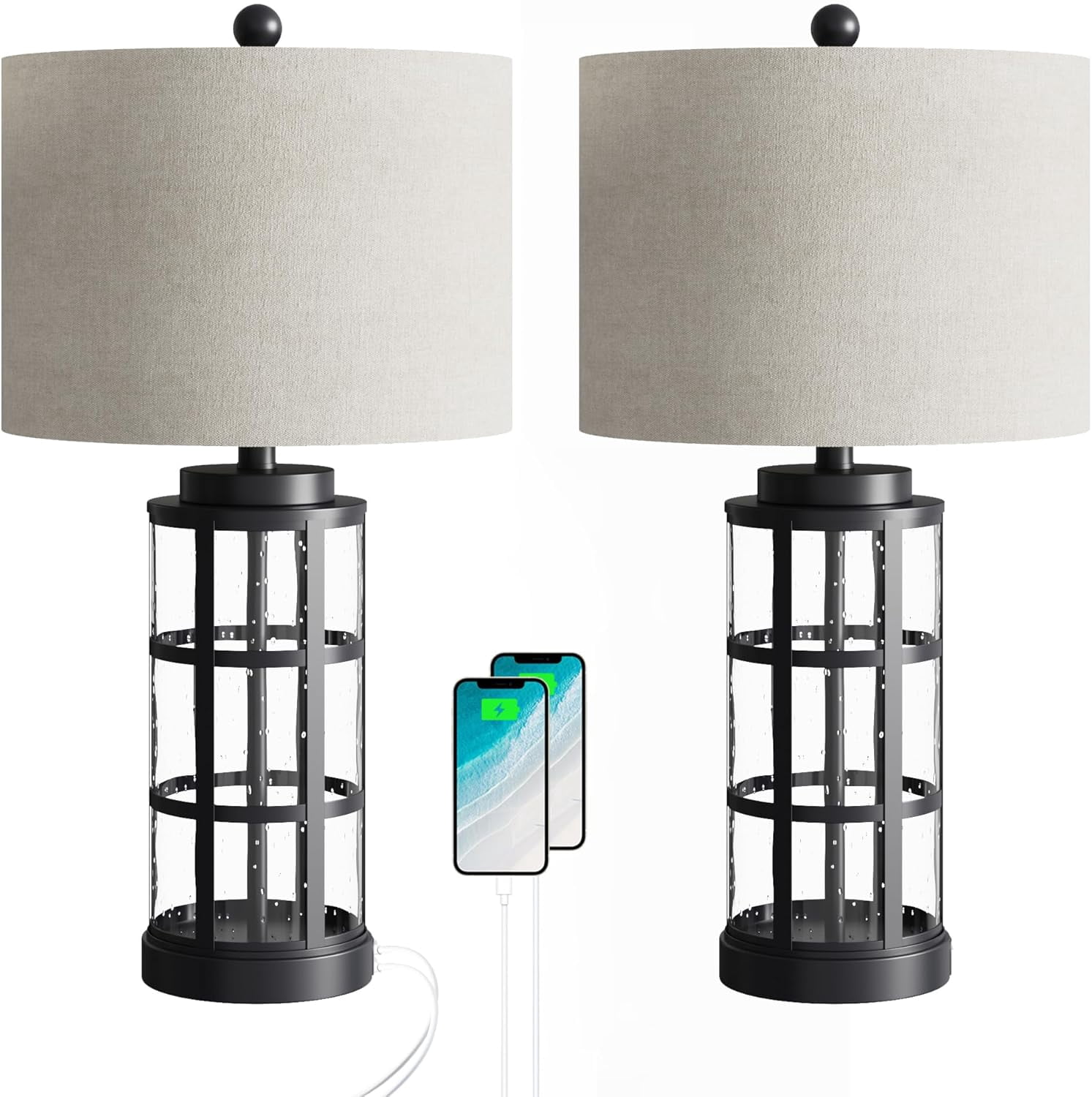 Maxax 25'' Glass Table Lamp Set of 2, Traditional Black Lamp sets with USB Port & Type C for Living Room Bedroom