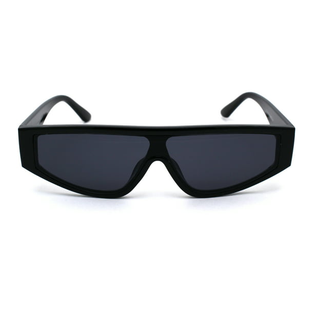 Sa106 80s Retro Flat Top Funky Narrow Shield Plastic Sunglasses All Black