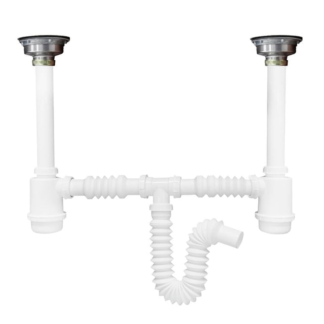 Desagüe doble bote trampa Fleximatic Con 2 contracanastas de acero inoxidable, extensión 55 cm