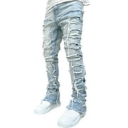 Mens Regular Fit Stacked Jeans Patch Distressed Destroyed Straight Denim Pants Streetwear Clothes