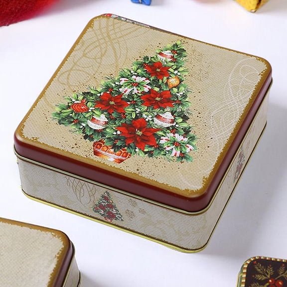 Qocolcyl Vintage Christmas Tin Gift Box, Square Iron Metal Storage Container with Sealed Lid, Decorative Holiday Treat Box for Cookies, Candy, Chocolates, and Small Gifts