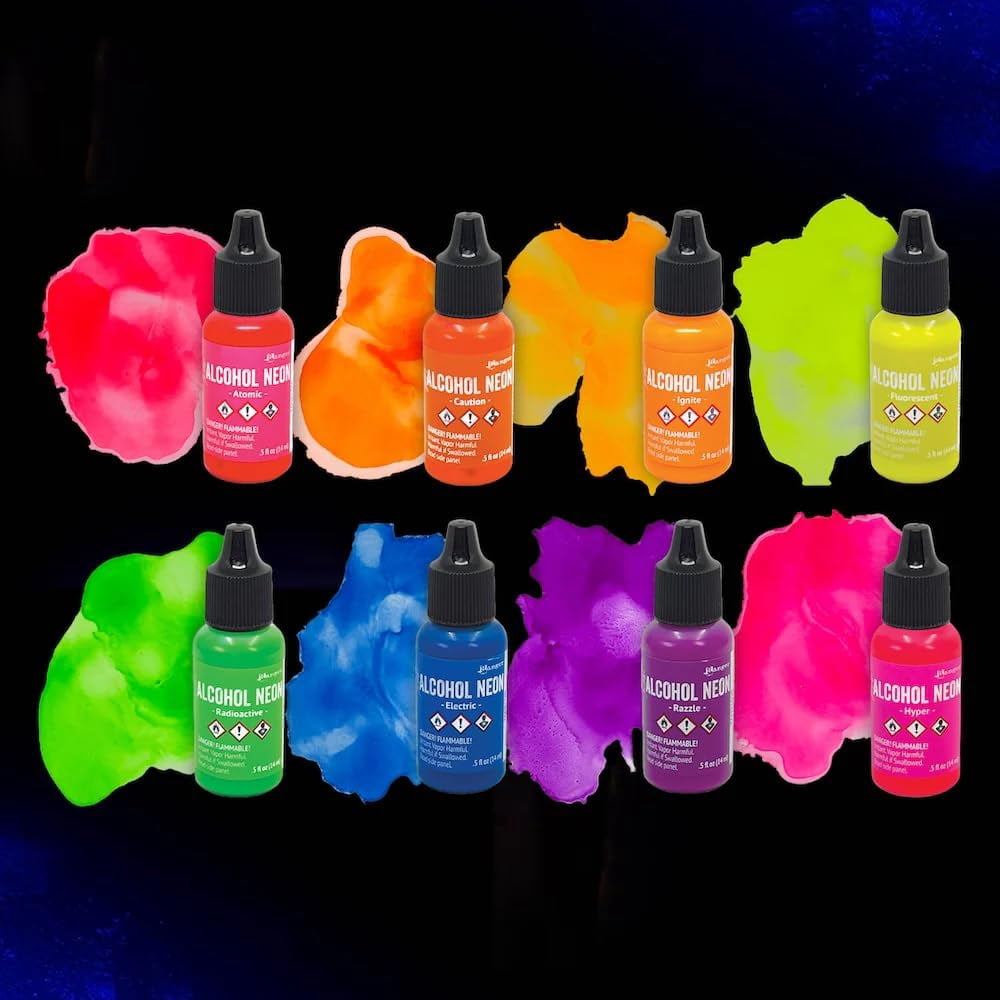Alcohol Neons Bundle - Ranger Tim Holtz Alcohol Ink Neons 8pk with .5 oz Blending Solution and Trebbies Detail Sticks