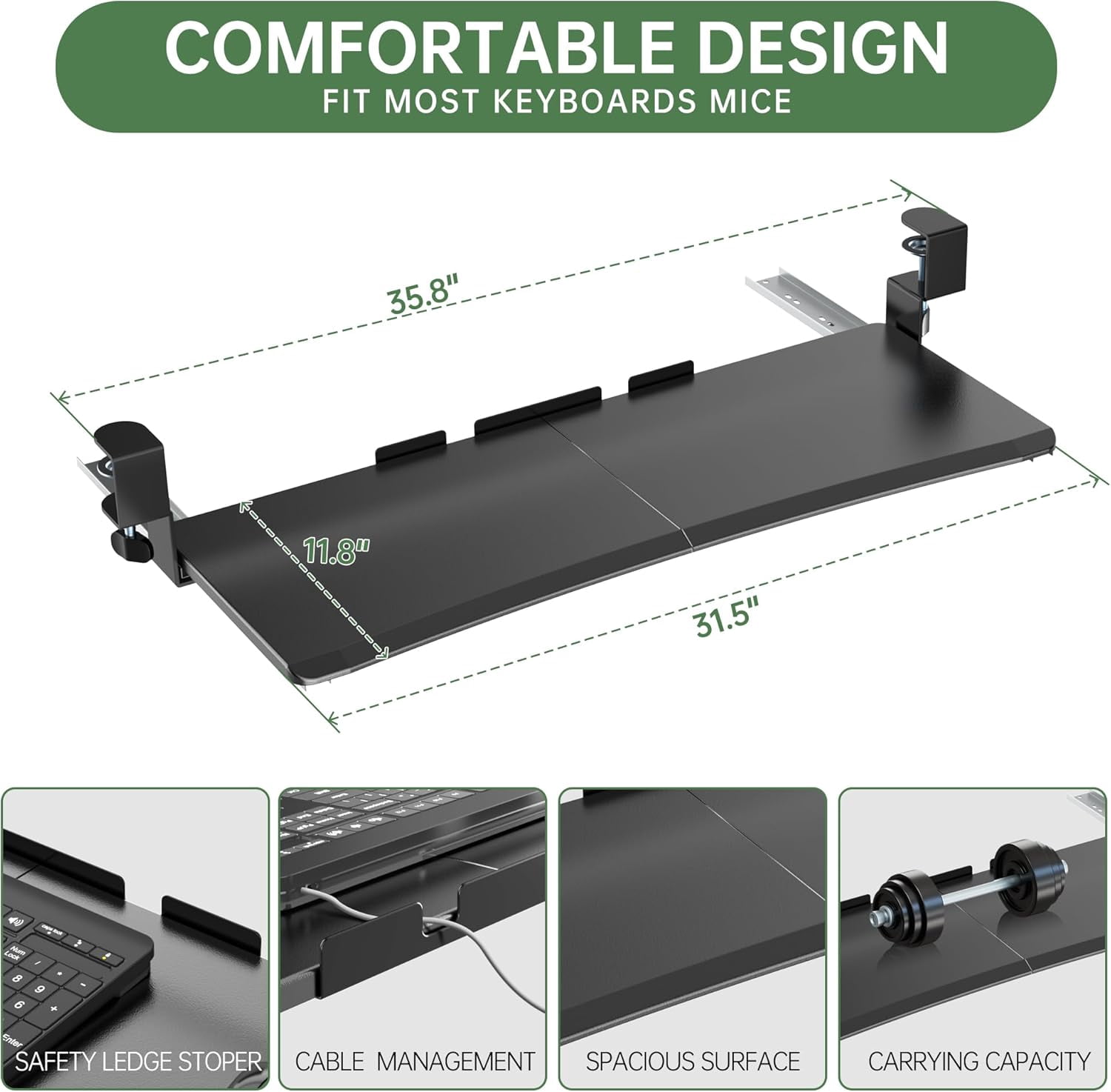 Extra Large Keyboard Tray Under Desk - Slide Out with Sturdy C-Clip Mount System, 31.5" (35.8" Including Clamps) x 11.8" Put-Out Keyboard Tray Computer Drawer for Ergonomic Typing