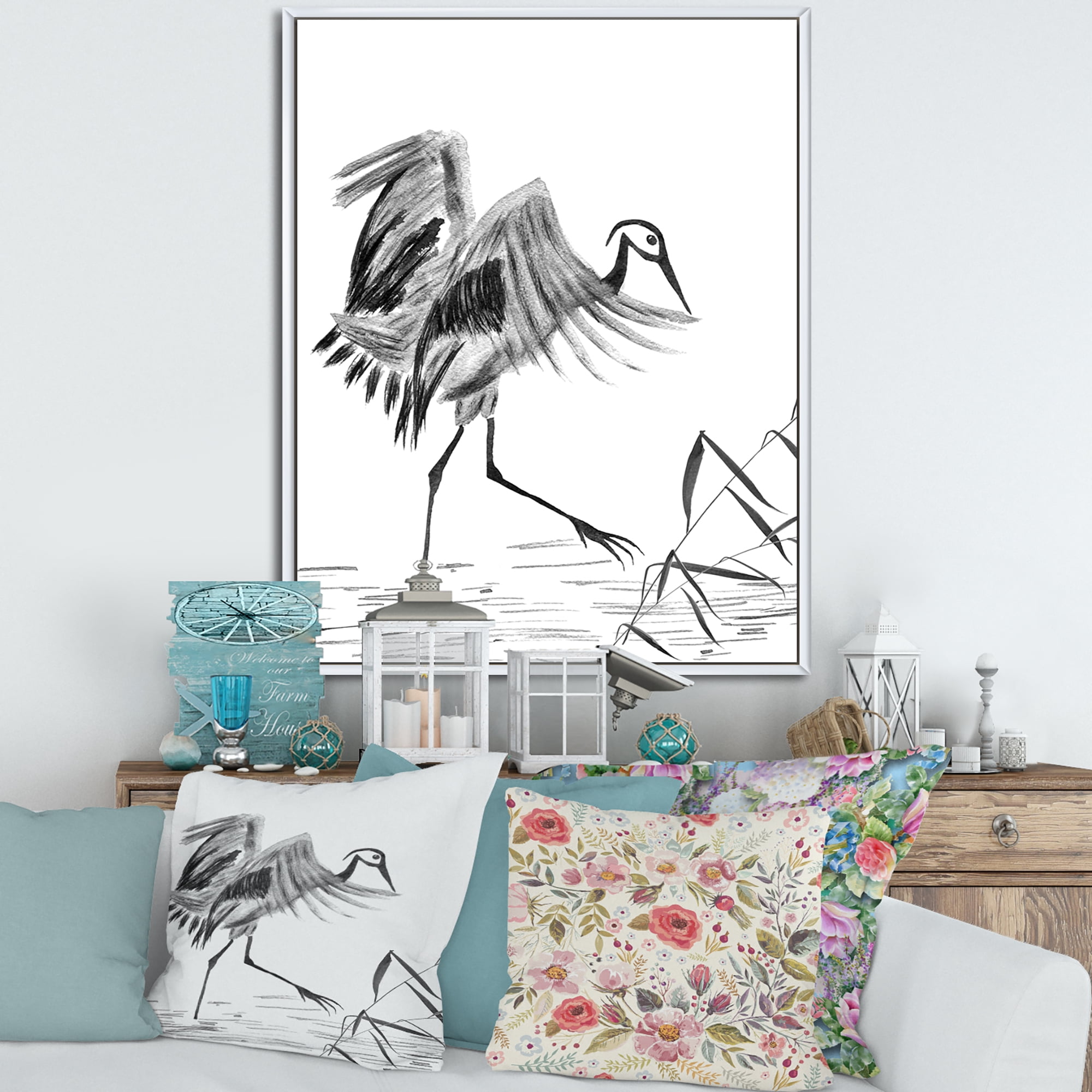 Designart 'Monochrome Japanese Oriental Crane Bird' Traditional Framed Canvas Wall Art Print