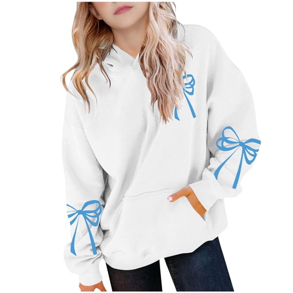 Posijego Girls Cute Hoodies Bow Print Valentine's Day Pullover Hooded Sweatshirts Long Sleeve Tops with Pocket