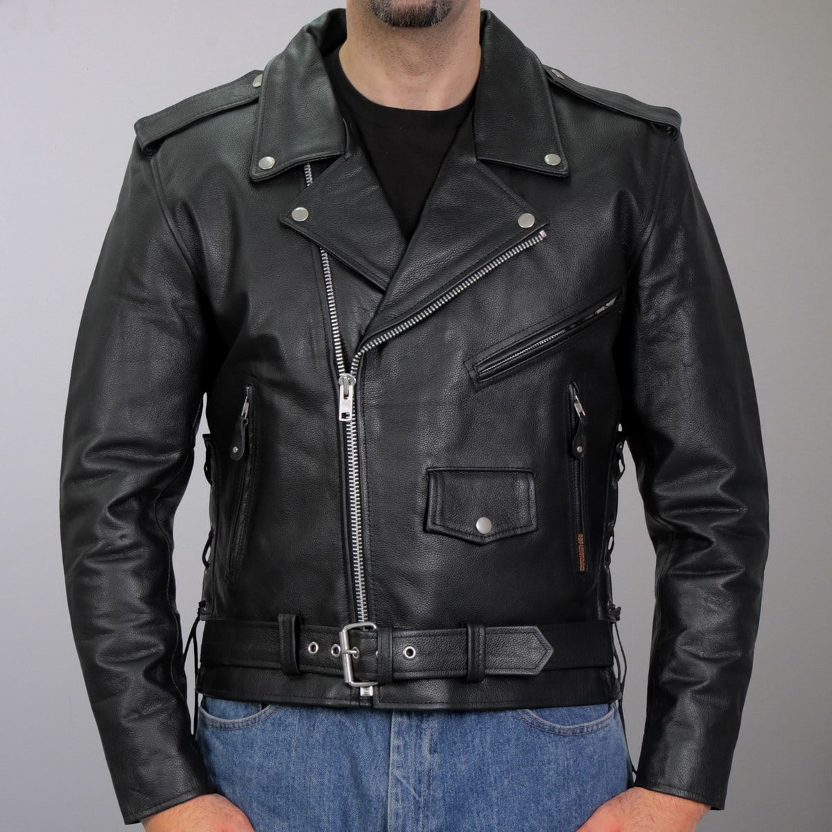 Men's Classic Vented Side Lace Leather Motorcycle Jacket w/ Fully Removable Belt 