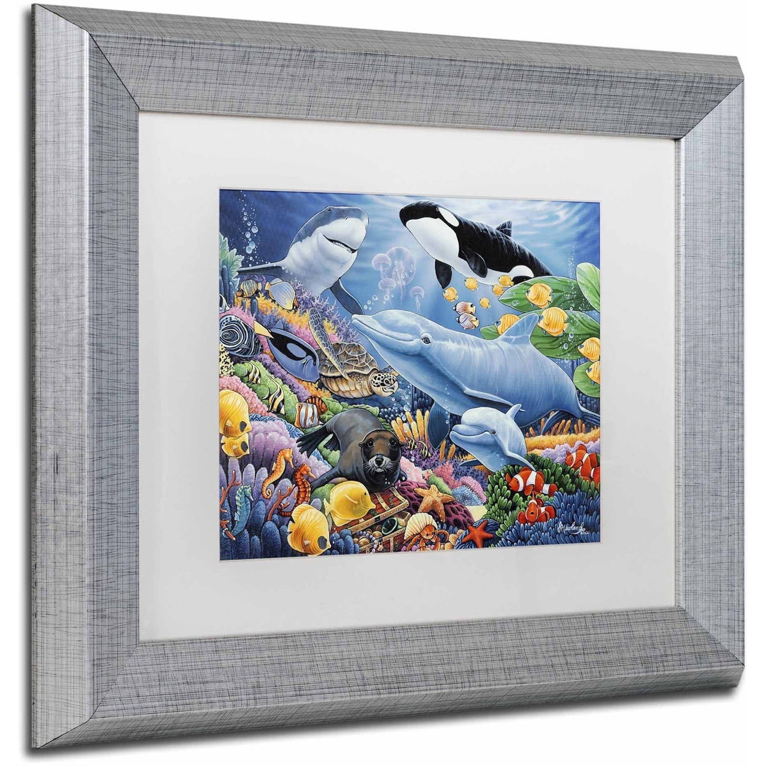 Trademark Fine Art 'Sealife' Canvas Art by Jenny Newland, White Matte, Silver Frame