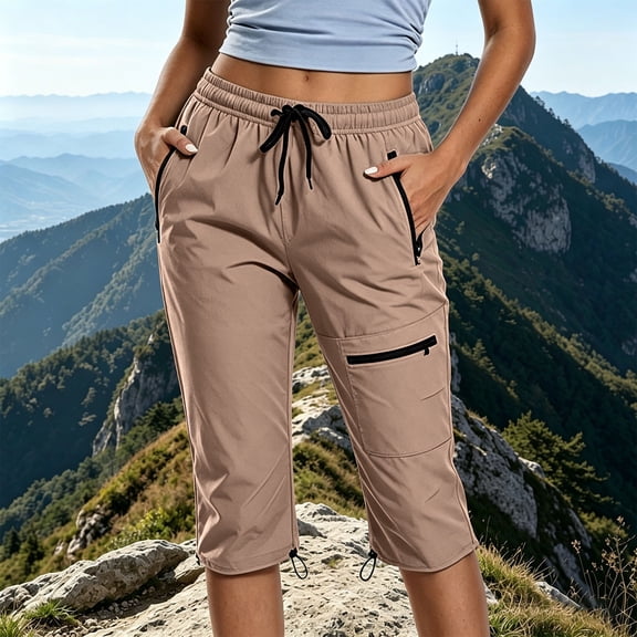 Karymi Athletic Shorts for Women Quick Dry Hiking Capri Pants, Elastic Waist Drawstring Outdoor Cropped Trousers with Multi Zipper Pockets, Cargo Pants for Travel Wide Leg Pants Woman