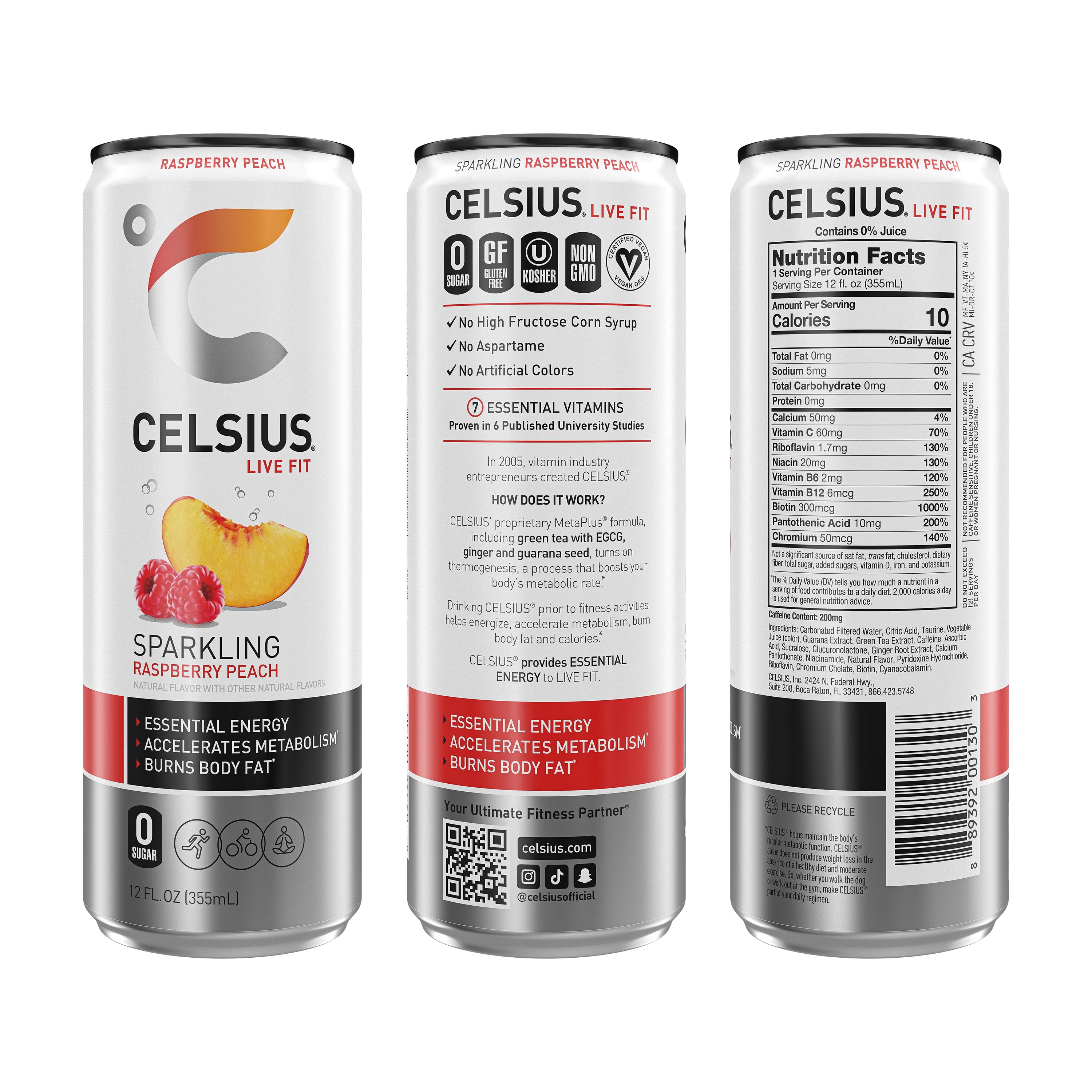 CELSIUS Sparkling Raspberry Peach, Functional Energy Drink 12 fl oz Single Can