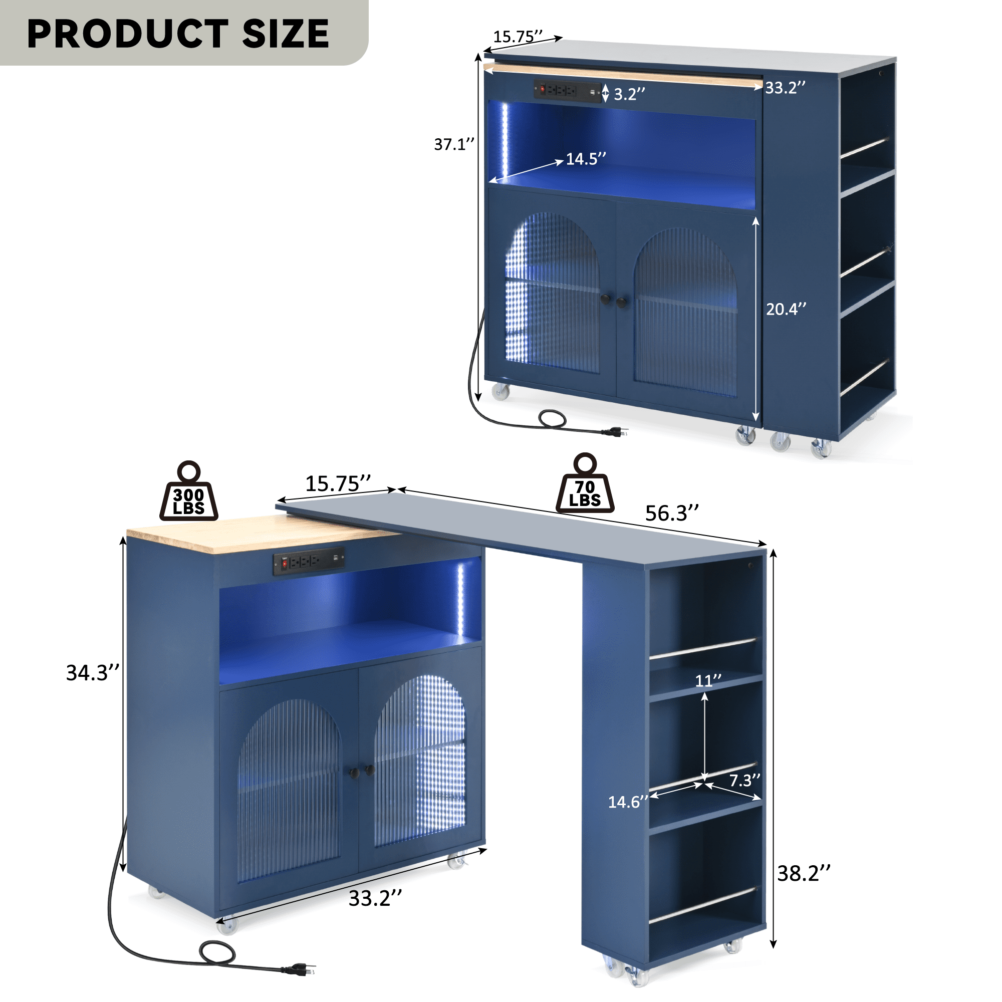 AVAXA Rolling Kitchen Island With Extended Table, Kitchen Island on Wheels with LED Lights,Power Outlets, 2 Fluted Glass Doors, a Storage Compartment and Side 3 Open Shelves, Navy Blue