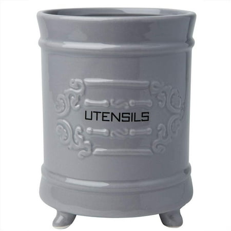 French Grey Ceramic Utensil Holder Vintage Style Kitchen Utensil