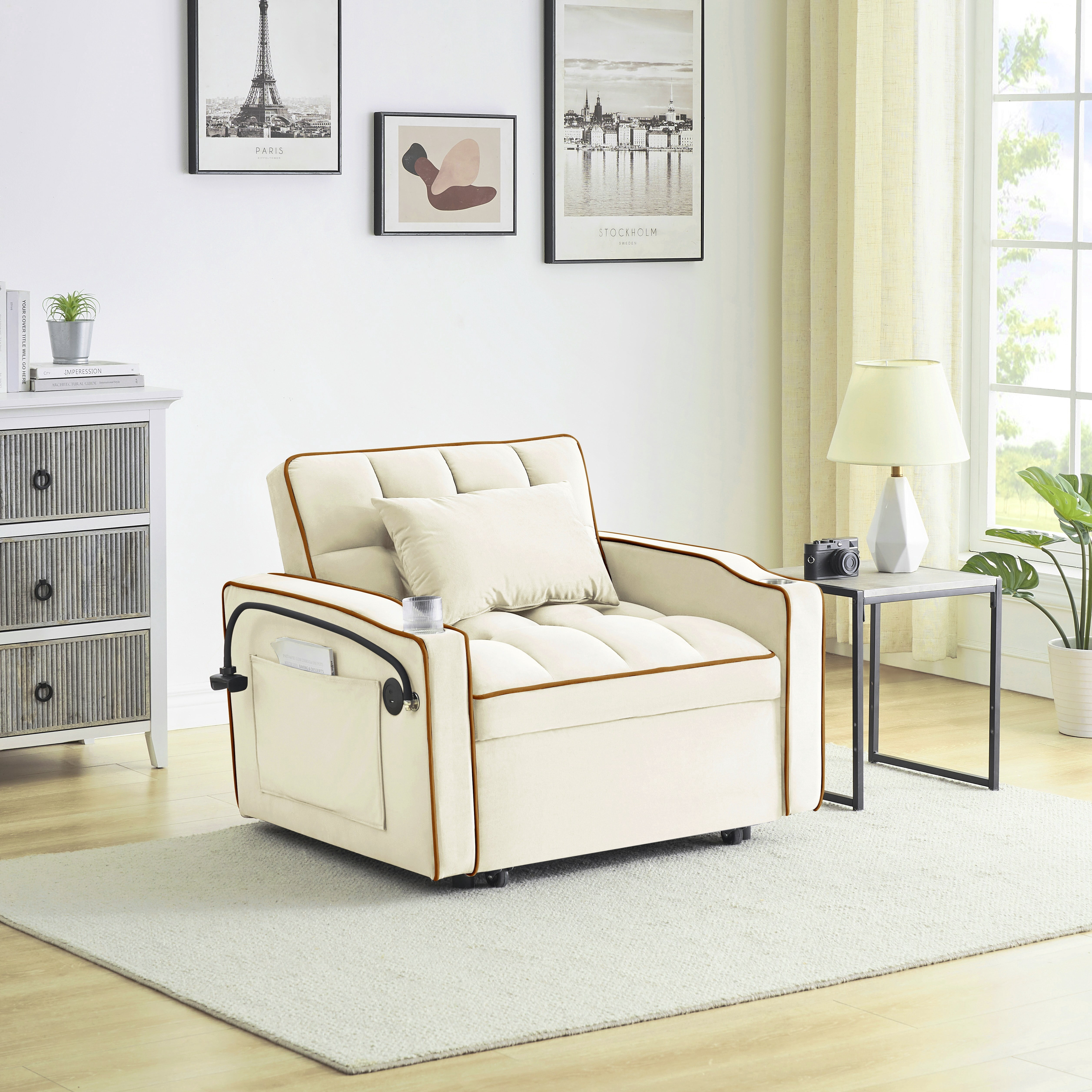 avobird 3 in 1 Convertible Chair Bed Sleeper, Pull Out Sofa Bed With adjustable back/USB port/ashtray/swivel phone stand, Beige Lines