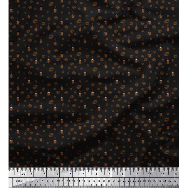 Soimoi Poly Georgette Fabric Coffee Beans & Coffee Beverages Printed Fabric 1 Yard 52 Inch Wide