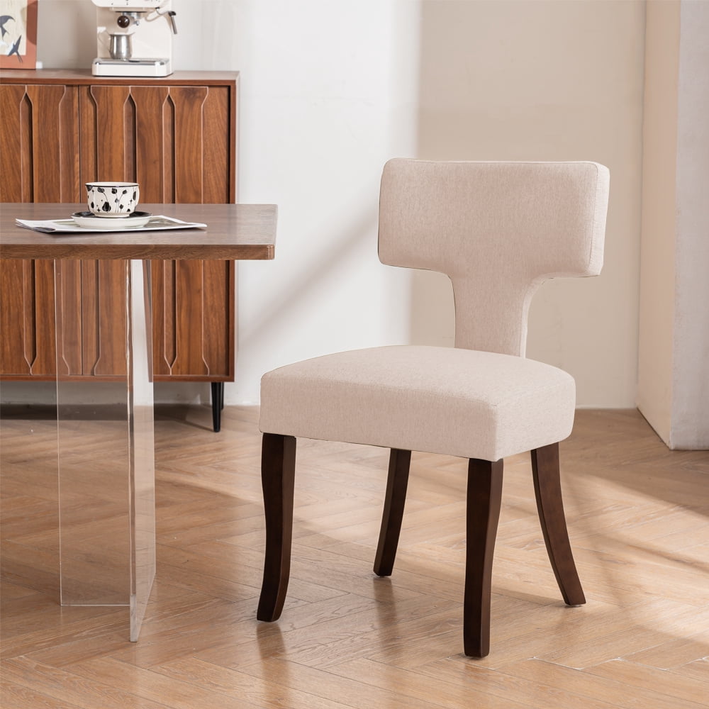 Mid Century Modern Wooden Dining Chairs Set of 2, Upholstered Side Dining Chairs with Curved Back Linen Fabric Armless Wood Chairs Kitchen & Dining Room Farmhouse Chairs (White)