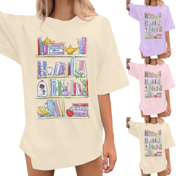 Trendfront Womens Bookshelf Graphic T Shirts Trendy Tee Pullover Everyday Outfits Oversize Drop Shoulder Crewneck Short Sleeve Loose Fit Tops