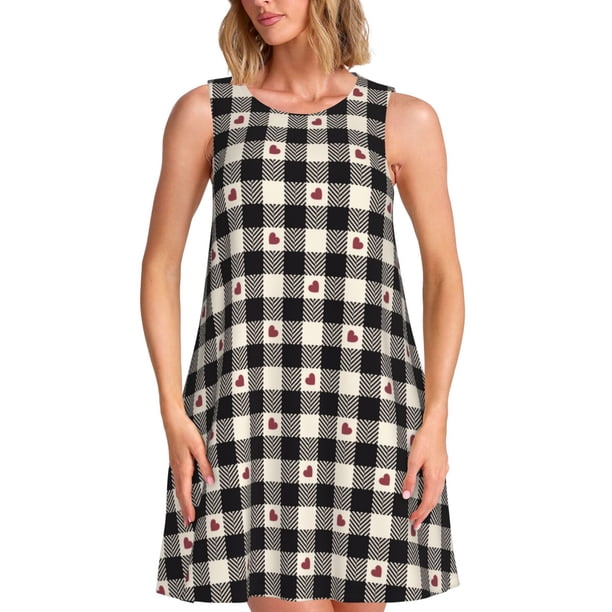 Fotbe Black Plaid Heart Vestido de Verano sin Mangas para Mujer – Vestido Midi Línea A, Estilo Camiseta Floral, Vestido Playero Casual y Fluido