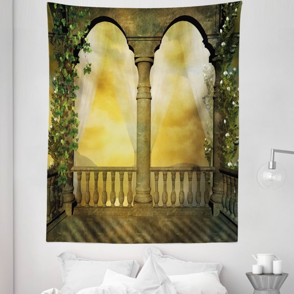 Colorful Tapestry, Balcony with Floral Swirl Antique Design Art Print, Fabric Wall Hanging Decor for Bedroom Living Room Dorm, 5 Sizes, Multicolor, by Ambesonne