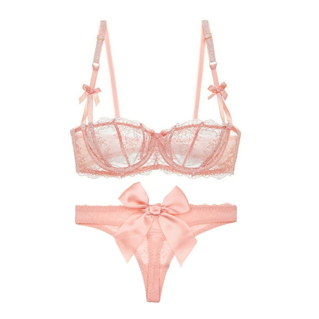 Soutien-gorge Balconnet Demi-Bonnet Non Doublé en Dentelle pour Femme à Armatures, Transparent, et String Transparent