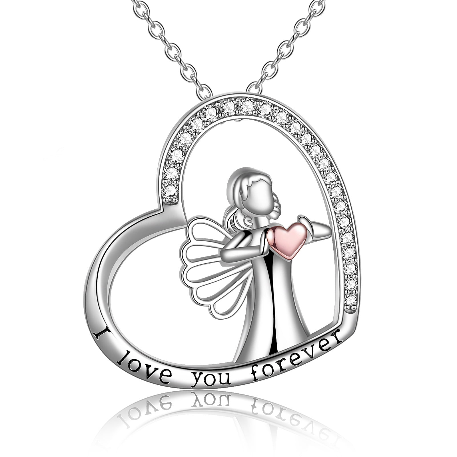 Silver Tone Guardian Angel Pendant Necklace with Crystal Effect Heart Pendant 