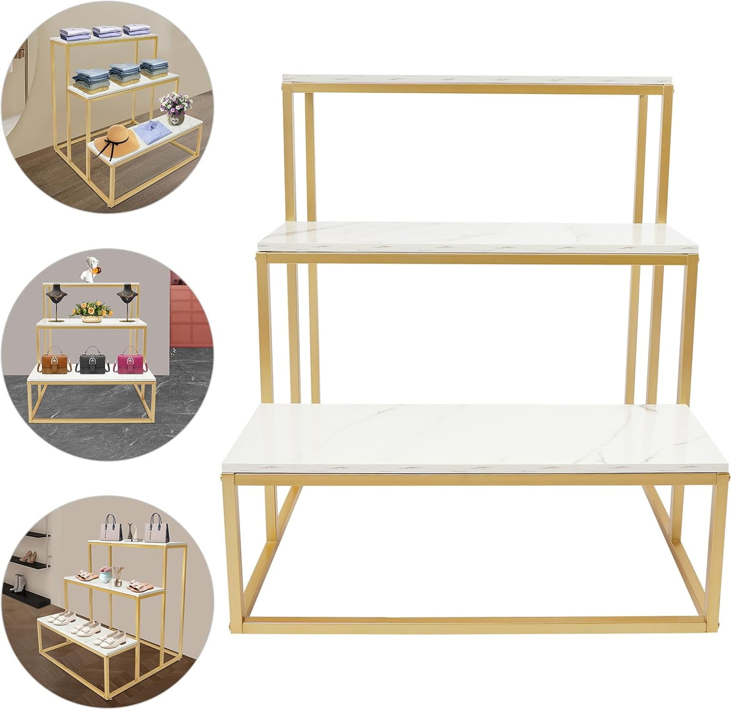 Metal Shoe Handbag Display Stand, 3 Tier Retail Nesting Display Tables, Heavy Duty Boutique Display Riser Shelf Modern Standing Clothing Shoes Display Rack for Retail Stores