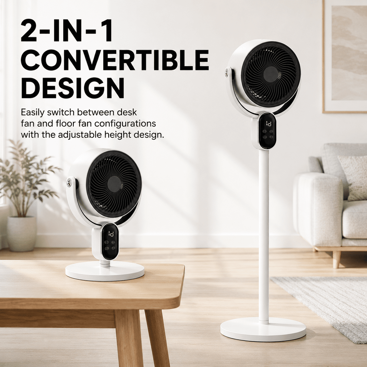 Alvantor 2-in-1 Convertible Desk & Floor Fan, with Remote Control, 3 Speeds, 12H Timer, Black & White