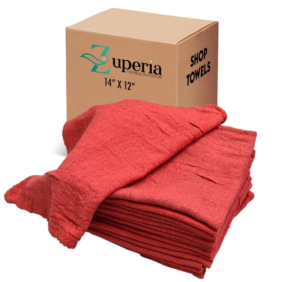 Zuperia 50-pack Shop Towels, (14" x 12" inches) Cotton Reusable Cleaning Rags, Multipurpose Garage and Automotive Cloths, (RED)