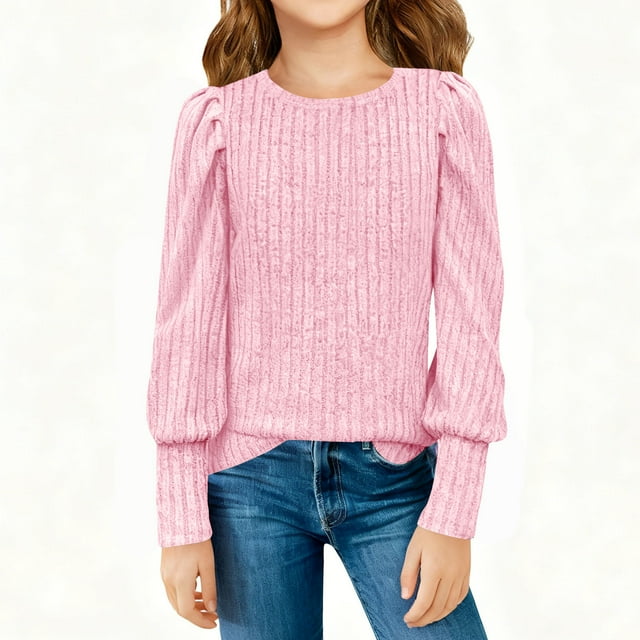 Blusas y camisas de cuello redondo de manga larga de color liso para niñas de 5 a 14 años