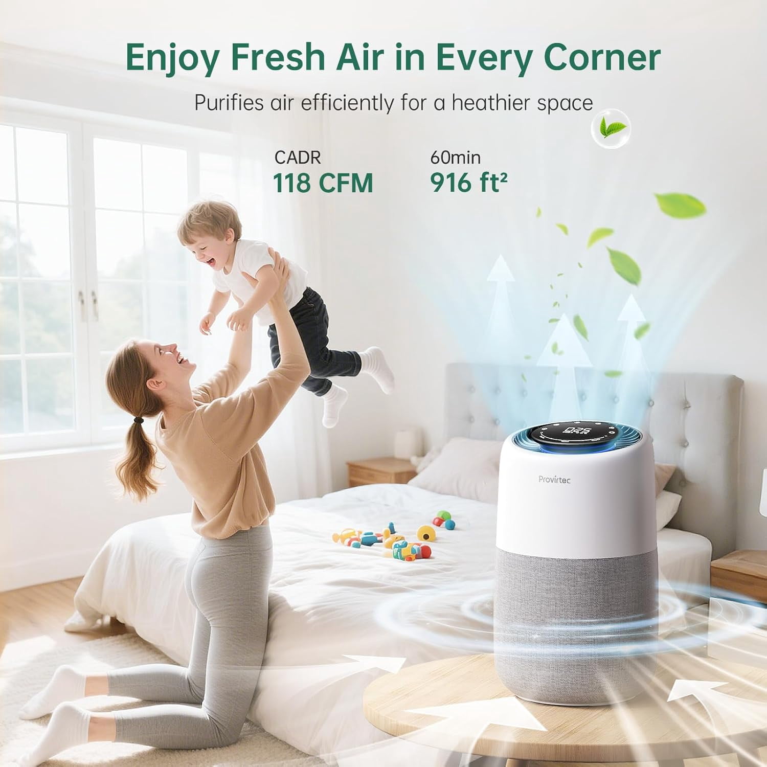 Provirtec 5-Stage HEPA Air Purifier for Bedroom & Pets, with Real-Time PM2.5 Monitor, APP Control & Quiet Sleep Mode – Covers 916 Ft²